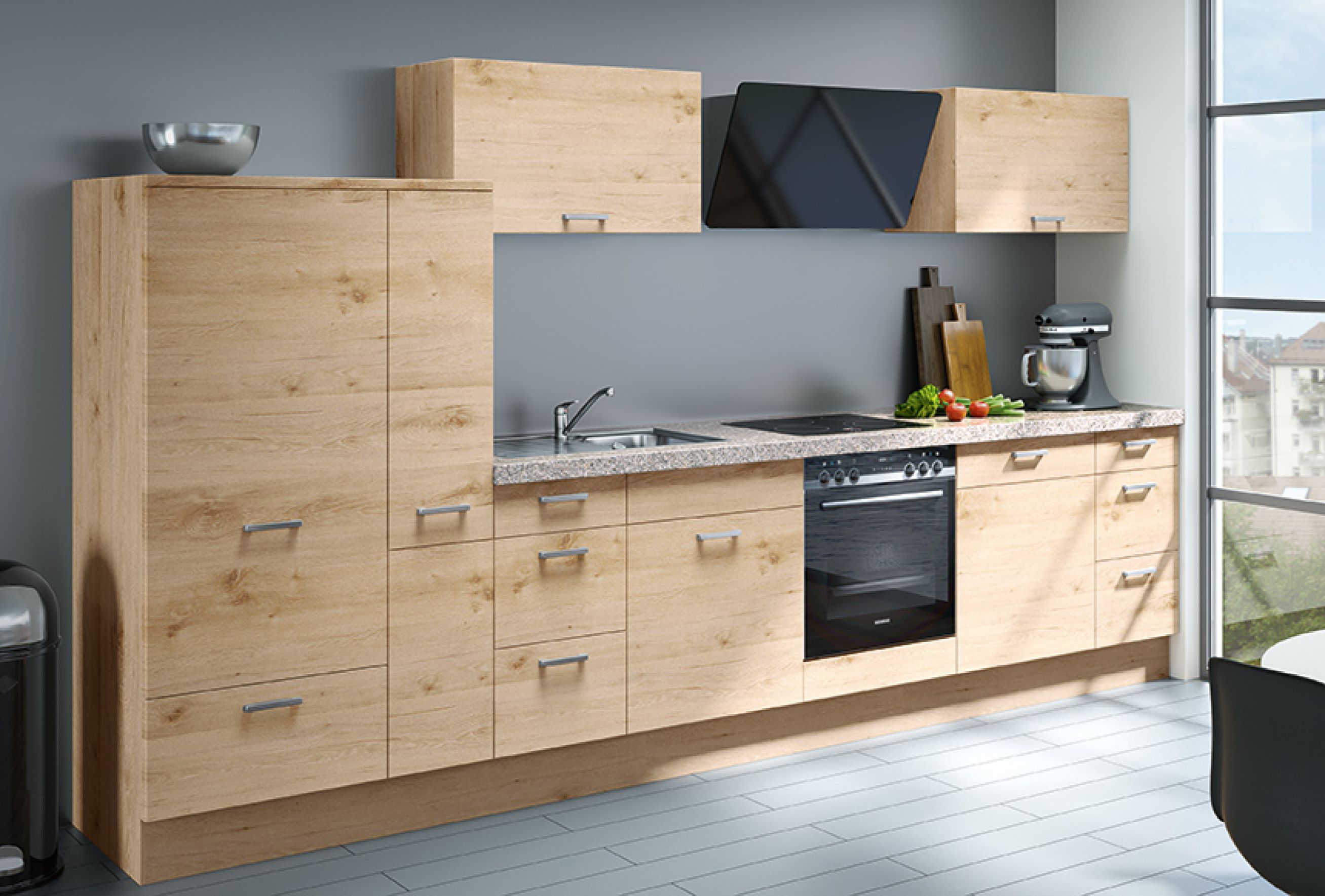 Klassische Küche mit Holzoptik und Rosa Beta Granit