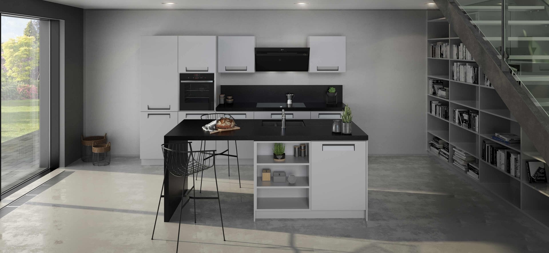 Inselküche mit schwarzer Natursteinarbeitsplatte - Marquardt Küchen